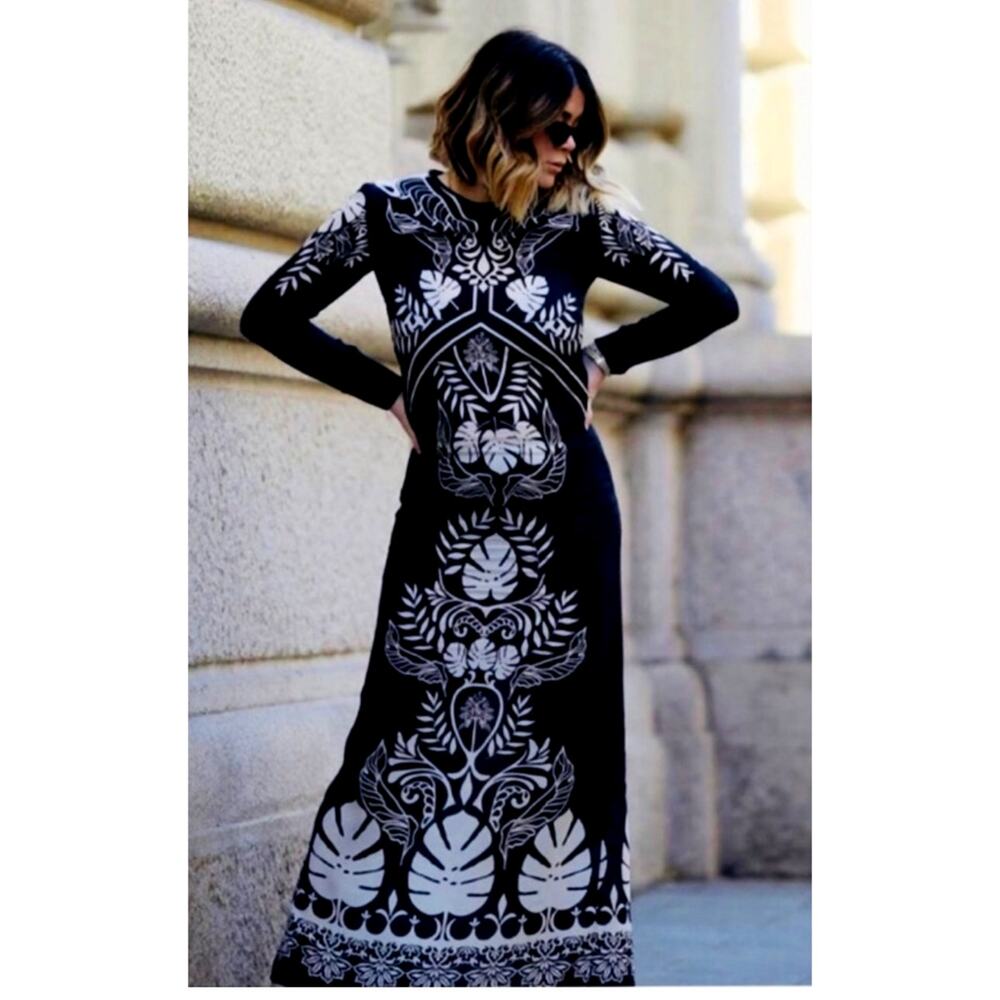 Johanna Ortiz Black Maxi Dress with White Botanical Print